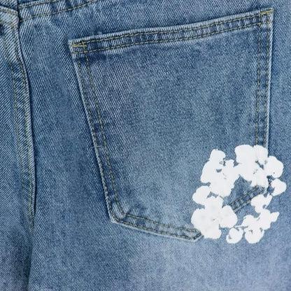 Flower Blue Denim Pantaloncino