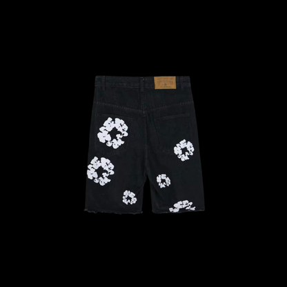 Flower Black Denim Shorts