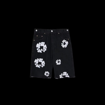 Flower Black Denim Shorts